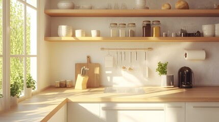 Light home kitchen interior with bar counter, sink, and kitchenware on shelves