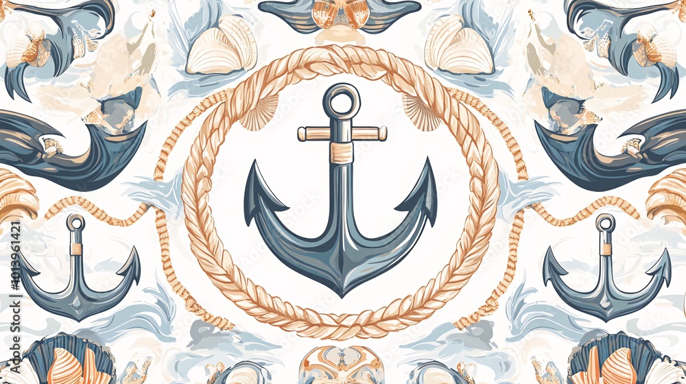 Poster seamless nautical pattern with anchor, rope and seashells.