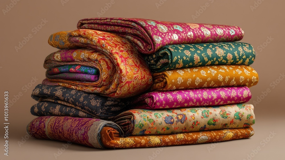 Poster vibrant folded sari with intricate patterns, placed against a neutral background to emphasize the fa
