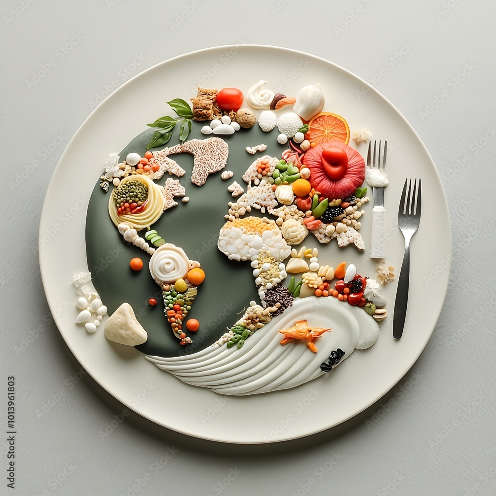 Poster global culinary atlas a ceramic plate artfully depicting the continents and oceans of the world wher