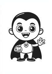 Naklejka premium Cute cartoon vampire character in monochrome holding Halloween pumpkins, perfect for seasonal decorations
