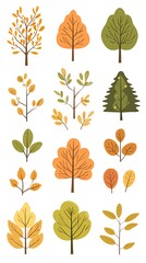 Set of 16 autumn tree illustrations in flat cartoon style.