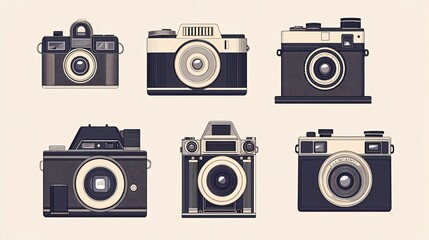 Six vintage cameras with different designs in a flat style.