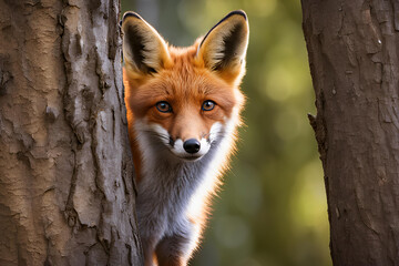 Curious fox peeking out from behind a tree