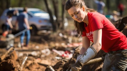 A woman in a red shirt works diligently with a shovel amidst a debris-filled landscape, showcasing resilience and determination.
