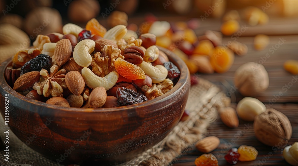 Poster a nourishing mix of dried fruits and nuts is displayed in a rustic wooden bowl, offering a delicious