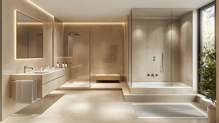 Luxurious beige hotel bathroom interior with a double sink, spacious shower, and panoramic window, combining elegance and comfort with modern design elements