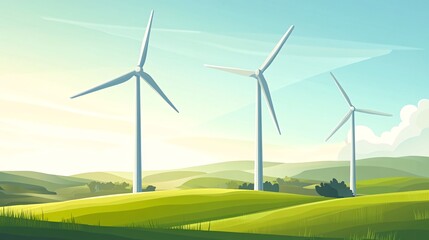 Three white wind turbines stand tall on a grassy hilltop, with a blue sky and fluffy clouds above.