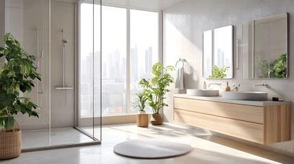 Fototapeta premium Luxurious beige hotel bathroom interior with a double sink, spacious shower, and panoramic window, combining elegance and comfort with modern design elements