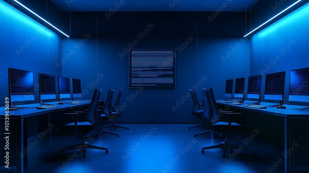Poster A modern, empty computer lab with blue lighting, showcasing rows of workstations with chairs and desks, featuring a monitor displaying code.