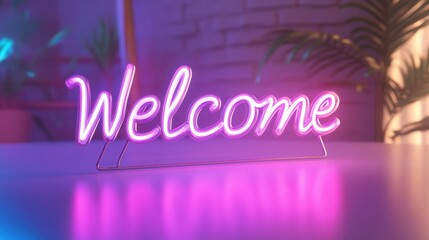 A modern 'Welcome' neon sign in a decorative, vintage-style font, glowing in a soft purple and pink gradient. 