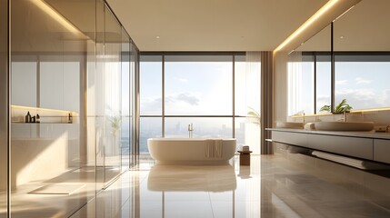 Luxurious beige hotel bathroom interior with a double sink, spacious shower, and panoramic window, combining elegance and comfort with modern design elements