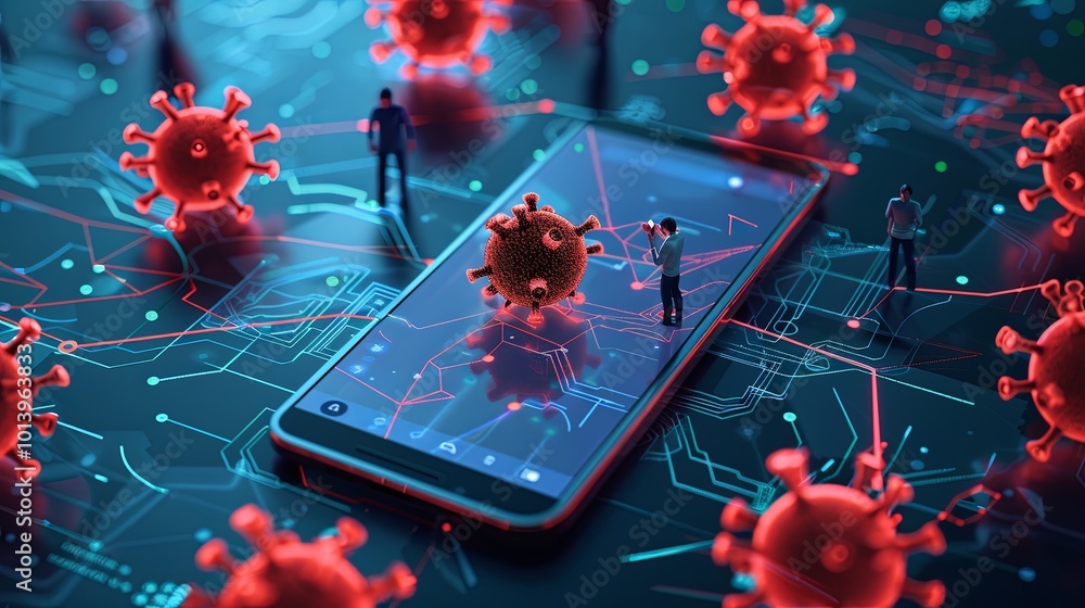 Leinwandbilder A smartphone displays an emergency alert for data protection as users engage with the application amid a virus threat. Generative AI