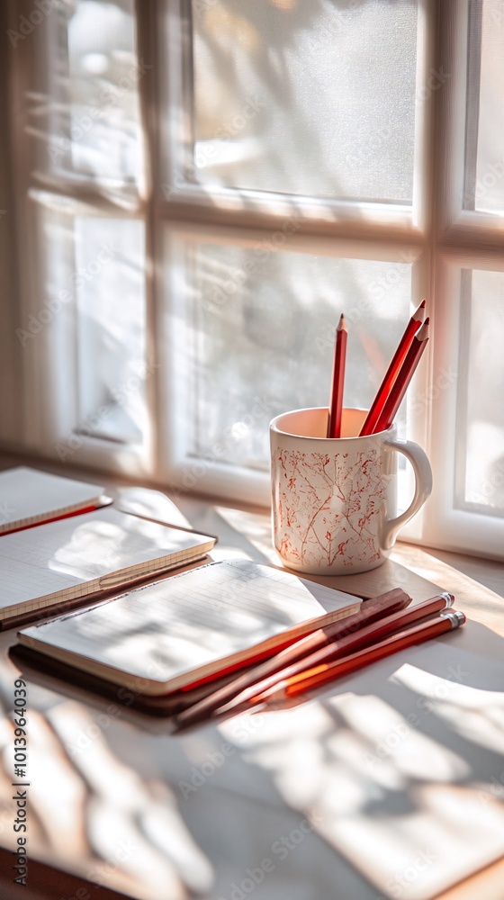 Poster a cup of red pencils rests on a windowsill, next to several blank sketchbooks. sunlight streams in t