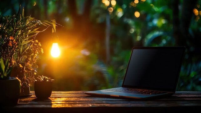 A serene workspace featuring a laptop surrounded by plants, illuminated by warm natural light.