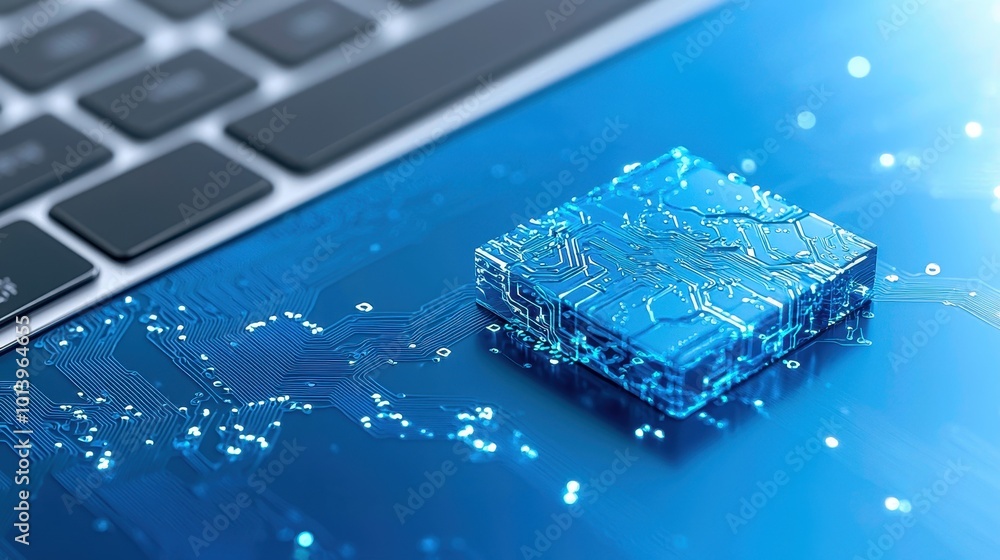 Poster close-up of a blue microchip on a modern keyboard, showcasing intricate circuitry against a sleek ba