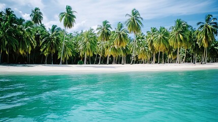 Obraz premium A pristine white sand beach with lush palm trees and turquoise water.