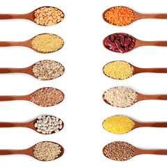 Different cereal grains and beans in wooden scoops on white background, top view. Collection