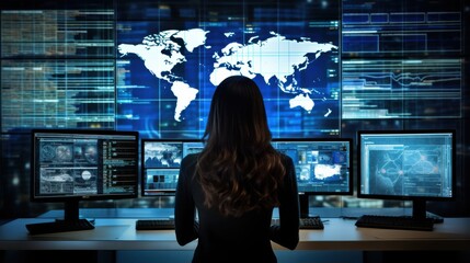 A silhouetted woman analyzes data on multiple monitors, the glow of world maps highlighting a sense of global connectivity and technological control.