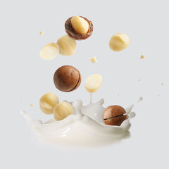 Macadamia nuts and splashing milk in air on light grey background
