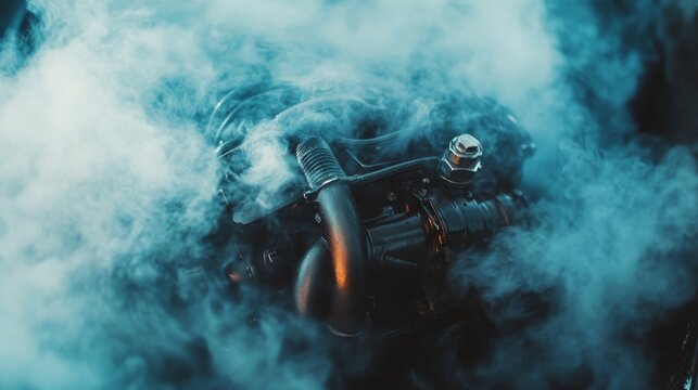 Close up of a car engine overheating with smoke rising from the vehicle s engine compartment