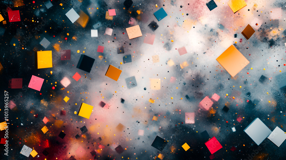 Poster colorful floating squares create an abstract cosmic pattern against a dark, starry background with a
