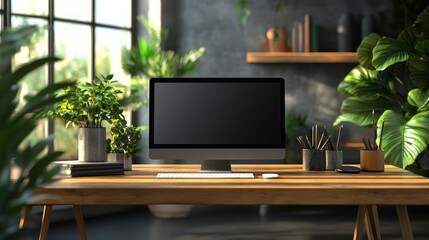 A modern workspace with a desktop computer, plants, and a wooden desk.