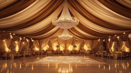 Obraz premium A lavish wedding venue with elegant drapery, crystal chandeliers, and a dance floor set under a tented ceiling