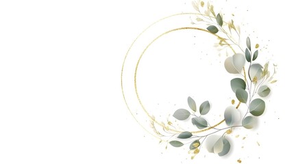 Luxurious botanical gold wedding frame elements on white background, including circle shapes, glitters, eucalyptus leaves, and leaf branches