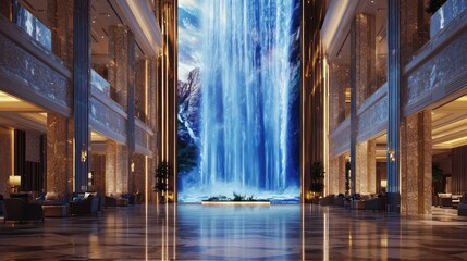 Fototapeta premium A luxurious hotel lobby with a large digital waterfall display that provides a soothing backdrop and subtly changes scenes from day to night