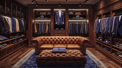 A luxurious men's fashion boutique with leather sofas, a selection of fine suits, and tailored services