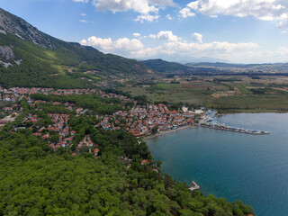 Akyaka District in Ula, Mugla, Turkey. Aerial view of Akyaka. Akyaka is situated at the Gulf of Gokova. Beautiful Beach and Coast View.