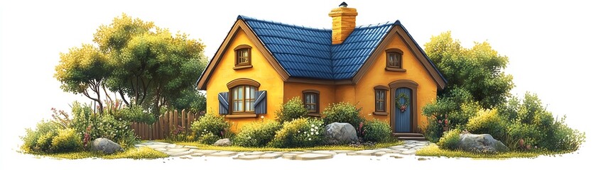 Charming yellow house surrounded by lush greenery, offering a serene escape into nature's beauty.