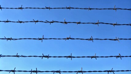 A barbed wire fence stretches against a vibrant blue sky