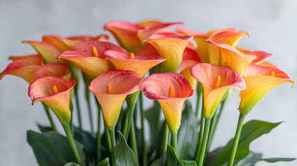 Fototapeta premium Beautiful arrangement of vibrant calla lilies in orange and yellow hues displayed elegantly against a light background