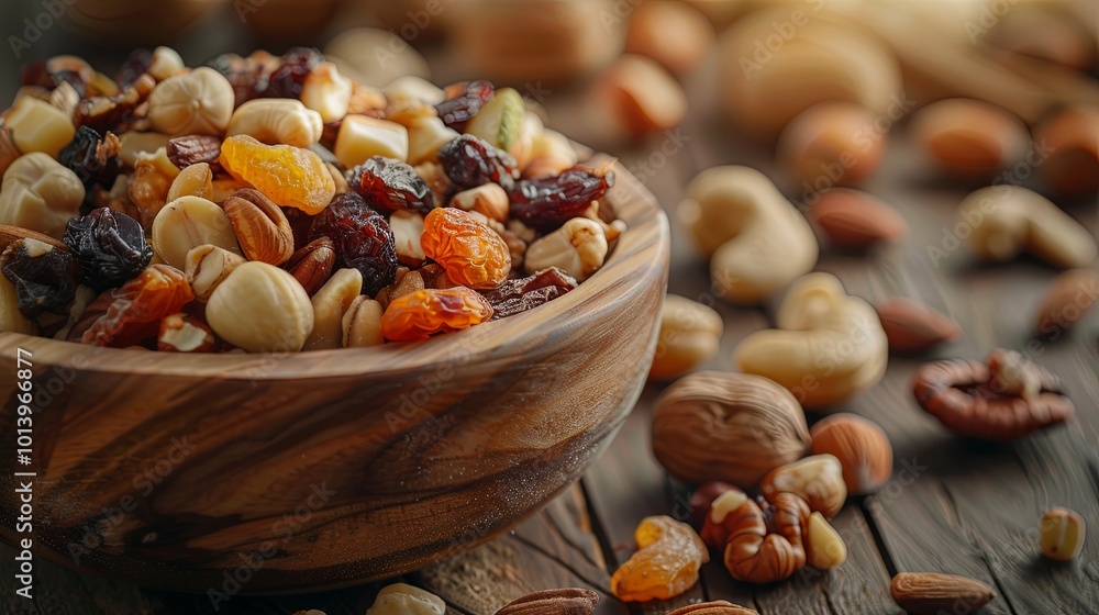 Poster a wooden bowl filled with a colorful mix of dried fruits and nuts sits on a rustic table, providing 