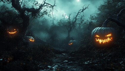 Naklejka premium Glowing Jacko lanterns in a dark, eerie forest, surrounded by twisted vines, moody lighting