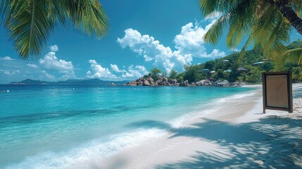 Tropical Paradise Beach with Blank Signboard