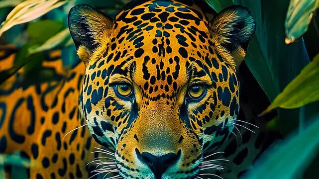A majestic jaguar with striking yellow and black coat prowls through dense jungle foliage. The bright sunlight filters through lush greenery, highlighting the cat's intense gaze and powerful build,