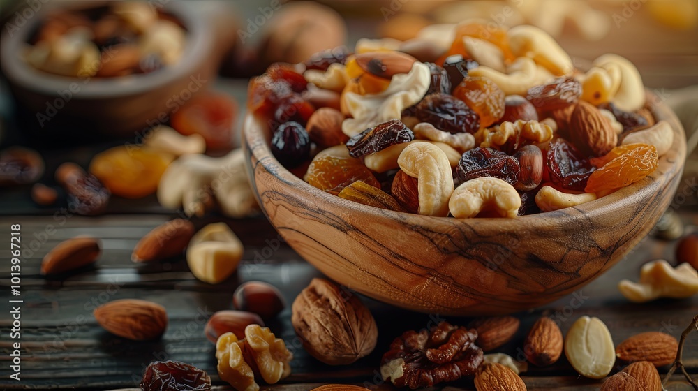 Aufkleber a colorful mix of dried fruits and nuts is displayed in wooden bowls on a rustic wooden table, perfe
