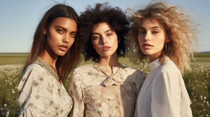 Obraz premium Three women in floral dresses stand united in a sunlit field, exuding natural beauty and a sense of sisterhood under a clear blue sky.