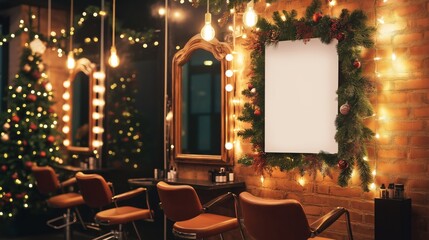 A chic hair salon decorated with Christmas garlands, lights, and a festive tree. A blank poster hangs on a brick wall, ideal for promoting holiday hair treatments or gift card specials