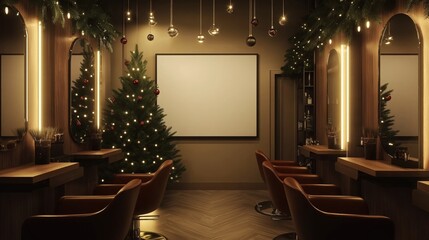 A stylish hair salon decorated for Christmas, featuring a blank wall poster for promoting holiday treatments or gift card specials