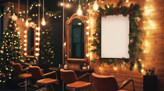 A chic hair salon decorated with Christmas garlands, lights, and a festive tree. A blank poster hangs on a brick wall, ideal for promoting holiday hair treatments or gift card specials