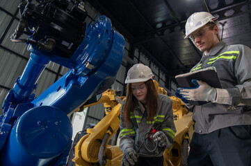 Engineer standing by robotic arm and operating machine in industry factory, technician worker check for repair maintenance electronic operation