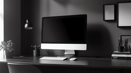 Fototapeta premium A modern workspace featuring a sleek computer and minimalistic decor, ideal for productivity and creativity in a cozy setting.