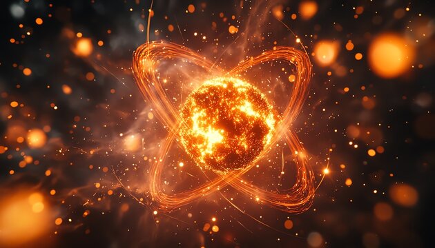 Nuclear fission reaction in progress, with atoms splitting and releasing vast amounts of energy in a simulation