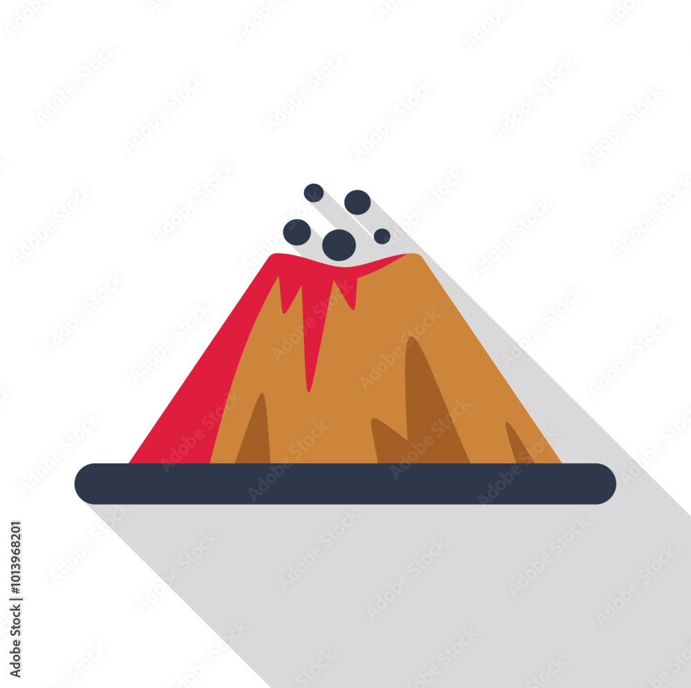Poster volcano is erupting lava with ash cloud in flat style with long shadow