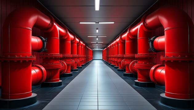 A vibrant corridor featuring red pipes running along both sides, showcasing industrial design and modern engineering.