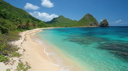 Secluded Tropical Beach with Crystal Clear Water and Lush Green Hills